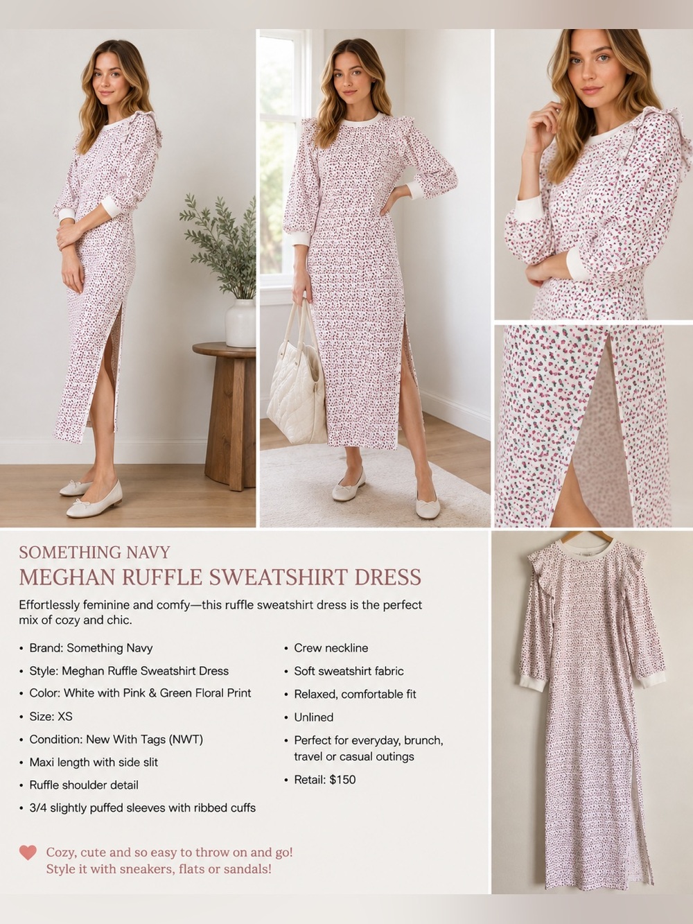Something Navy Meghan Ruffle Sweatshirt Maxi Dress Floral S NWT